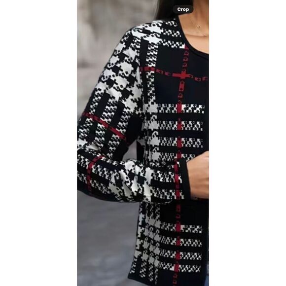 Plaid pattern contrast, trim, open front cardigan jacket - Picture 9 of 9